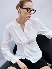 SHEIN Privé 女士优雅通勤衬衫，亚麻面料，灯笼袖，前部扭纹镂空设计，收腰，合身 - 白色 - 查看 4