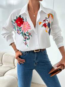 EURMUSE Übergroße Asymmetrische Langarmhemd Mit Stickerei Und Blumendruck Für Damen