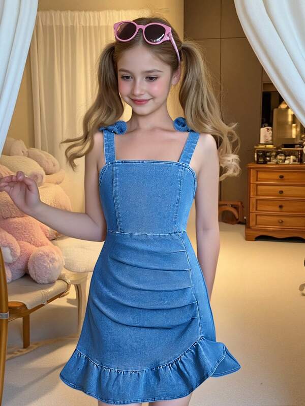 Tween Girls Versatile Comfortable Fashion Street Casual Elastic Denim Dress For Vacation, Lightweight Summer