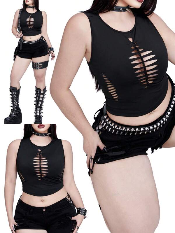 Whyspr Casual Punk Plus Size Women Bold Hollow-Out Sleeveless Camisole Top For Spring & Summer