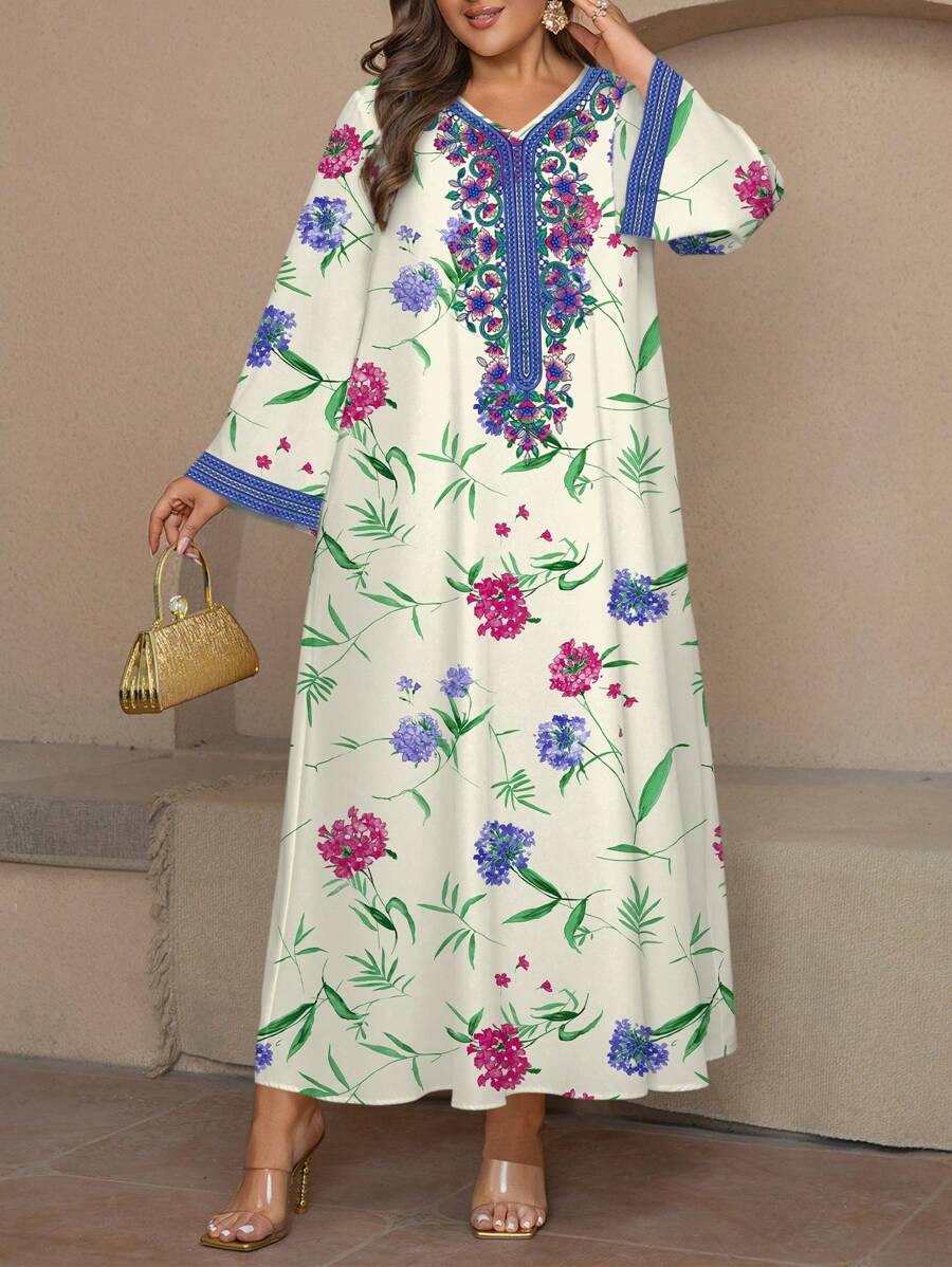 Al Najma Plus Size Women Elegant Placement Print Long Sleeve V Neck Dress,Modest - Apricot - View 1