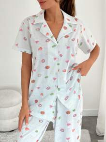 RueChic Women 2 Pcs Button Front With Cute Pattern Detail Homewear PJ Set - Apricot - View 6