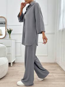 SHEIN Tall Size Women 2pcs Set Front Button Long Sleeve Top And Front Tie Long Pants, Minimalist Style - Dark Grey - View 6