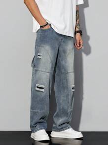Manfinity Homme Men's Distressed Straight Leg Relaxed Fit Casual Versatile Jeans, Loose Jeans Men, Men's Cargo Denim Jeans, Ripped Jeans Men, Men's Loose Fit Jeans