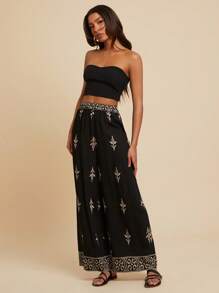 Travachic Women's Vacation Plant Pattern Floral Print Black Wide Leg Pants, Loose Casual Pants, Spring&Summer For Women, Beachwear, Easter,Beach For Woman,Spring Break,Vacation Women,Concert Women,Rave Festival,Rave, Suitable For Holiday, Afternoon Tea, Wedding Season, Beach Cruise Vacation, City Road Trip Vacation, Boho Vacation, Music Festival, Beachwear, Easter, Beach For Woman, Elegant Pants For Women, Vacation, Concert Women, Tropical Vacation, Holiday, Bohemian,For Spring Summer And Autumn