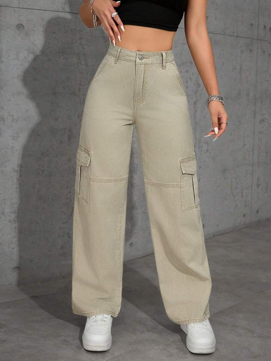 SHEIN EZwear Casual Washed Straight-Leg Cargo Jeans