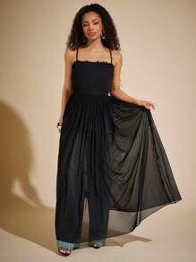 Vixey Sheer Mesh Frill Trim Cami Strap Tunic Cover Up Top, Boho, Hippie, Festival, Summer Beach Vacation Outfits - Black - View 6