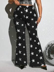 SHEIN ICON 大码黑白星星印花喇叭裤，适合音乐节和派对