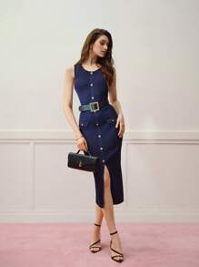 MOTF PREMIUM WOMEN METAL BUTTON SLEEVELESS RIBBED KNITTED SWEATER DRESS - Navy Blue - View 6