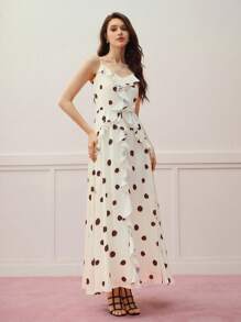 MOTF PREMIUM POLKA DOT FIRFIRLI DETAYLI ELBİSE - Kayısı - Görünüm 5