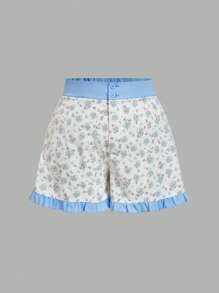 SHEIN MOD Plus Size Ditsy Floral Ruffle Hem Casual Shorts, Suitable For Spring/Summer, Romantic Chic, French Countryside, Vintage, Cute