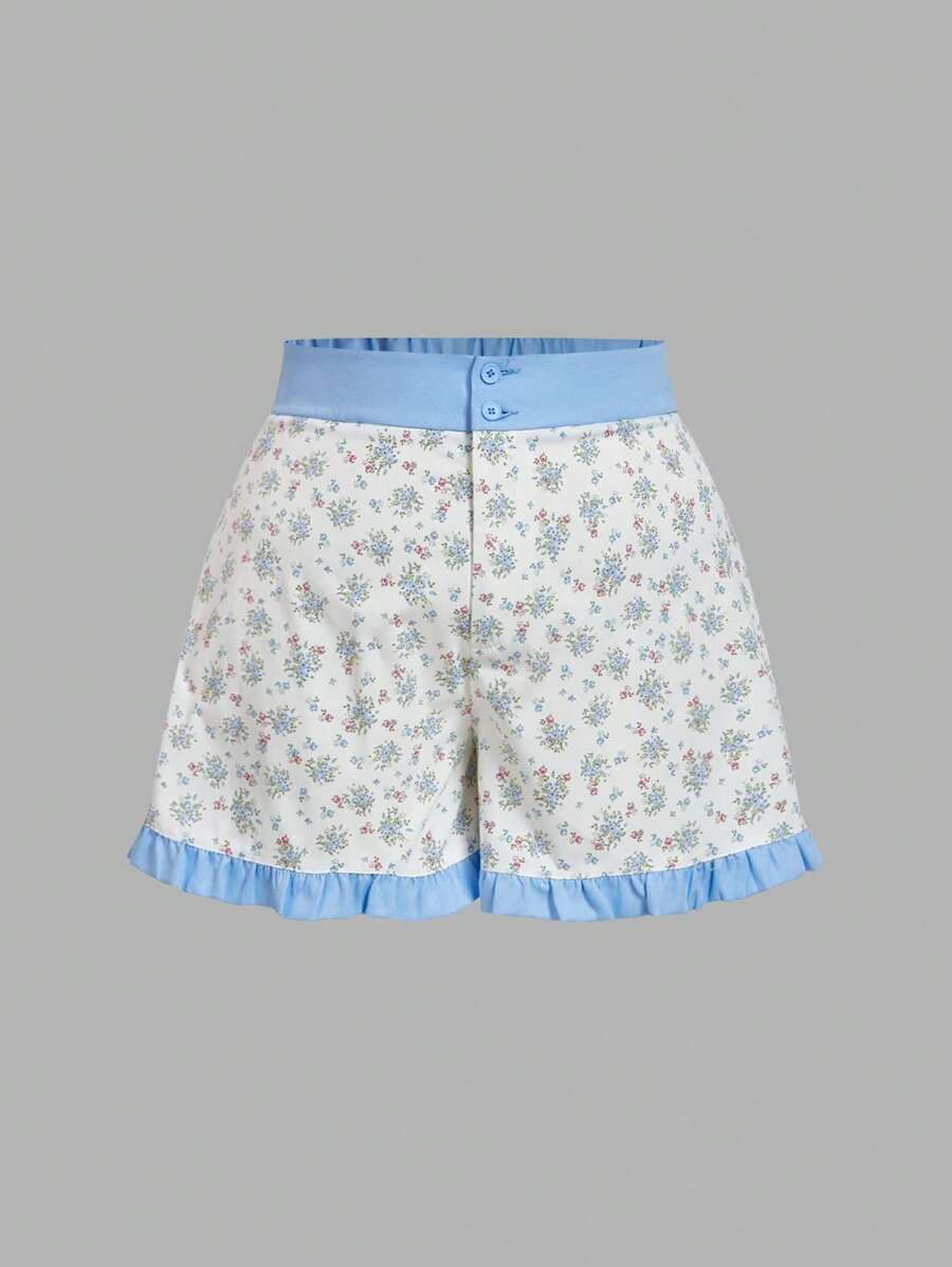 SHEIN MOD Plus Size Ditsy Floral Ruffle Hem Casual Shorts, Suitable For Spring/Summer, Romantic Chic, French Countryside, Vintage, Cute