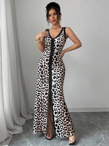 Elenzga Váy dài ôm sát cổ chữ V hở lưng họa tiết da báo gợi cảm có đường xẻ phía trước và cổ áo đối xứng - Nhiều màu - Xem 6