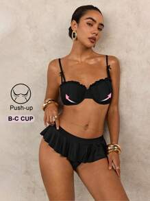 Sexy Halter Neck 1/2 Cup Push Up Bra With Steel Frame Ruffle Trim Bikini Set, Black For Summer Beach Vacation - Black - View 3