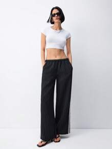 LYSMO Black Pinstripe Side Stripe Detail Drawstring Low Waist Pants