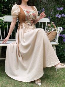 Feyla Robe à manches ballons, col carré, patchwork en dentelle, fleurs sur le côté de la taille avec nœud pour femmes - Nude - Voir 2