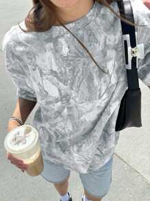 INAWLY Áo thun cổ tròn tay ngắn in hình cành cây cỡ lớn cho nữ - Màu Xám nhạt - Xem 1