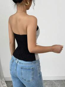 Elenzga Women Elegant Contrast Color Backless Strapless Bustier Crop Top - Black and White - View 2