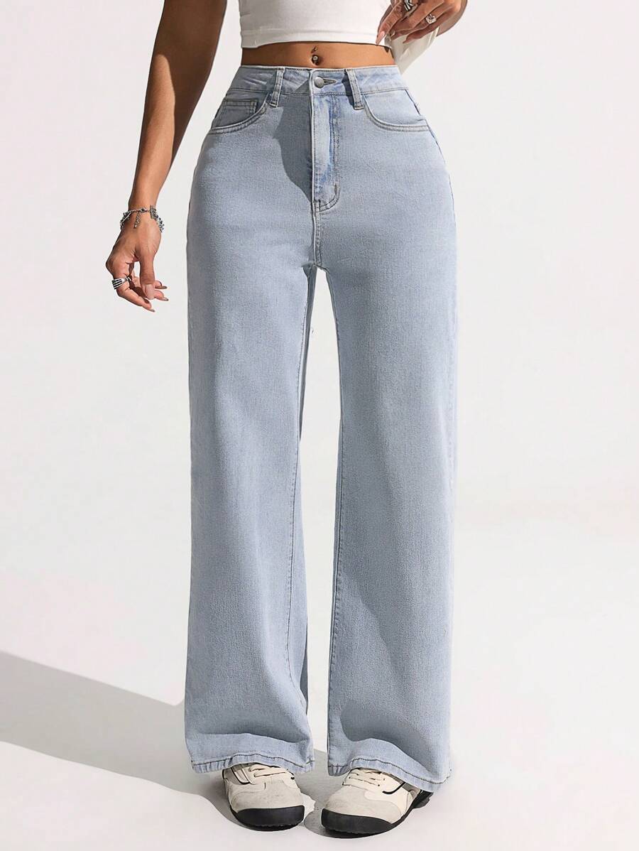 SHEIN ICON Women's Loose Straight Leg Pockets Casual Versatile Denim Jeans - Light Wash - View 1