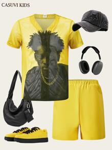 SHEIN Explorewe Set 2pcs/Set Kaos dan Celana Pendek Olahraga Berbahan Jala untuk Remaja Laki-laki dengan Grafis Potret AI - Kuning - View 5