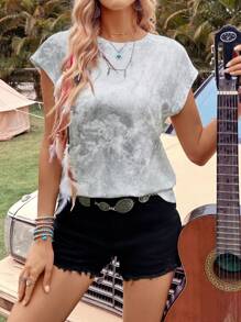 EMERY ROSE Top de punto con cuello redondo y manga corta para mujer con recubrimiento metálico, informal y holgado para uso diario - Multicolor - Ver 4