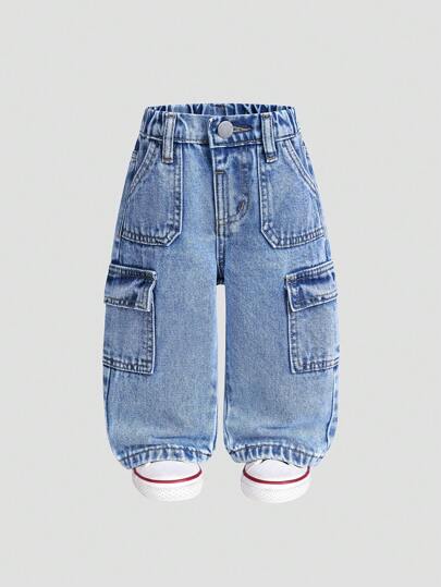 SHEIN Playful Pals Baby Boy Cotton Adjustable Waist Cargo Pocket Casual Pants
