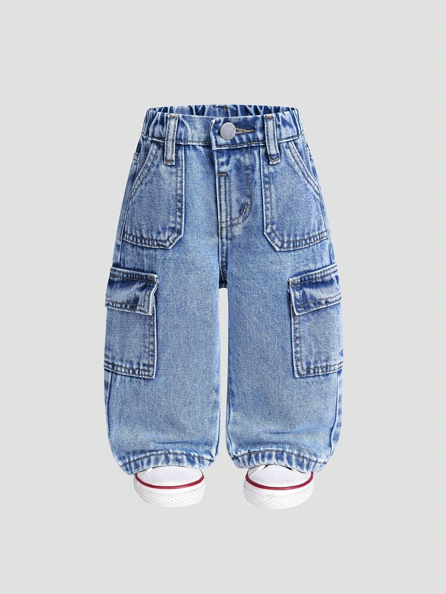 SHEIN Playful Pals 男童棉质可调节腰部工装口袋休闲裤 - 中等水洗藍 - 查看 1