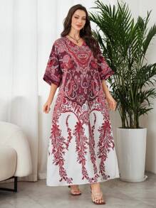 Lacomfia Women's Elegant Retro Printed Long Dress - Red - View 7