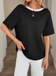 SHEIN LUNE Women's Round Neck Black & White Patchwork T-Shirt With Backless Bowknot Design, Short Sleeve - Black and White - View 2