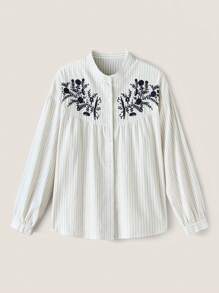 Muvela Casual Striped Floral Embroidery Long Sleeve Shirt For Spring/Autumn
