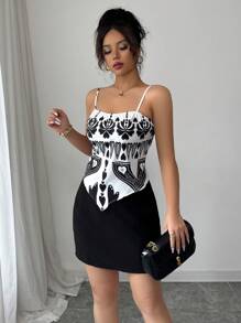 Elenzga Women's Casual Elegant Allover Print Tie Knot Cami Top, Spring & Summer