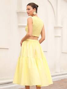 Aveloria Rosie Set de 2 piese, elegant, simplu, franțuzesc, pentru vacanță, artizanal, croit, fără mâneci, cu fustă în linie A cu talie înaltă și volane, galben, pentru femei, stil boho de plajă, la modă, pentru vară - Galben - Vizualizare 2