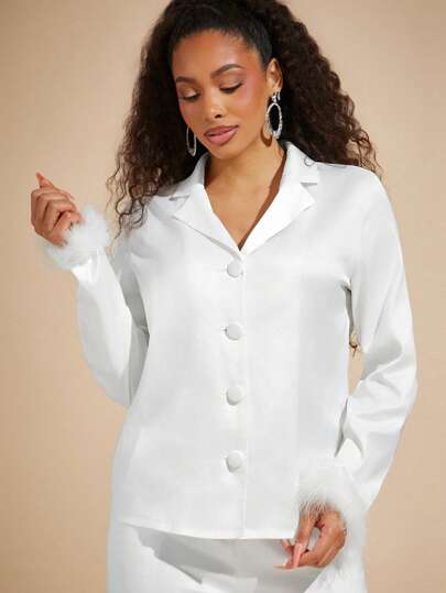 Vixey Faux Feather Trim Long Sleeve Button Up Satin Top, Bridal, Bachelorette