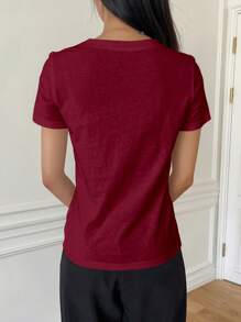 DAZY Casual Versatile Solid Color Round Neck Short Sleeve T-Shirt Preppy Tops - Burgundy - View 2
