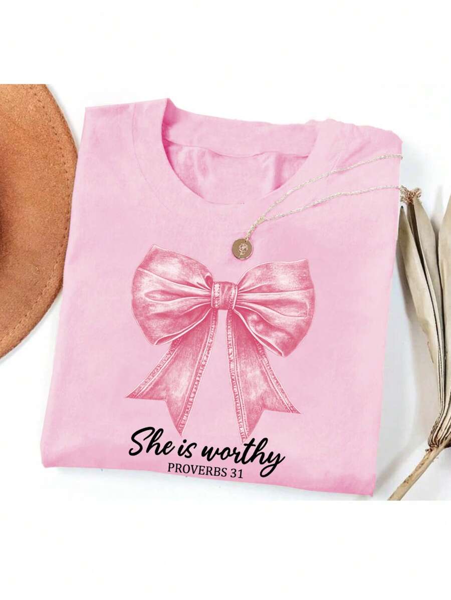 INAWLY 休闲蝴蝶结和标语印花短袖T恤，夏季