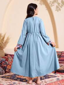 Tween Girls Geometric Print Fringed Decor Long Dress - Blue - View 2