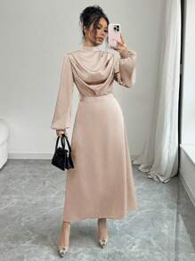 Elenzga Váy xòe dài tay cổ chữ V bằng vải satin bóng thanh lịch cho nữ, Xuân/Thu - Màu Khaki - Xem 6