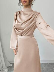 Elenzga Váy xòe dài tay cổ chữ V bằng vải satin bóng thanh lịch cho nữ, Xuân/Thu - Màu Khaki - Xem 7