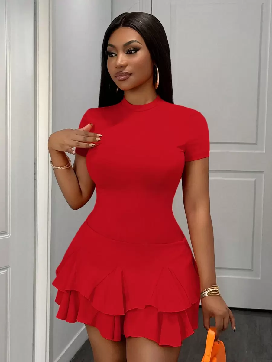 Slaydiva Váy ngắn cổ tròn xếp nếp đơn giản, giản dị mùa hè, và sang trọng - Đỏ - Xem 1