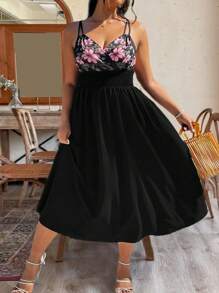 SHEIN Clasi Plus Size Women Embroidery Printed Spaghetti Strap Ruffle Hem Vacation Dress, New Style, Easter Dress - Multicolor - View 1