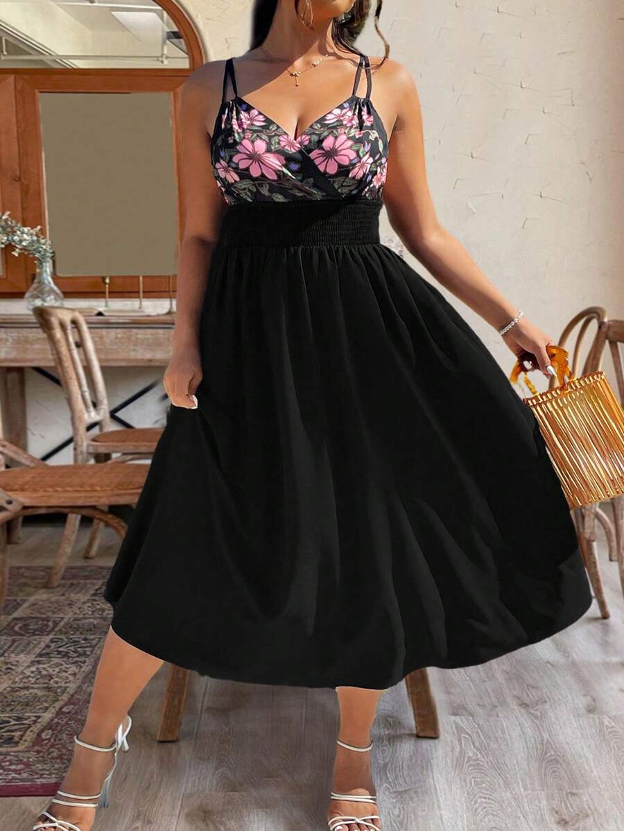 SHEIN Clasi Plus Size Women Embroidery Printed Spaghetti Strap Ruffle Hem Vacation Dress, New Style, Easter Dress - Multicolor - View 1