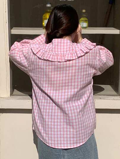 Hapijoa Tween 女童格子荷叶边领长袖单排扣宽松休闲衬衫