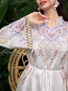 Al Najma Vestido con estampado floral elegante, manga campana, estilo árabe para mujeres - Multicolor - Ver 4