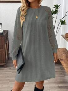 EMERY ROSE Women's Casual Round Neck Long Sleeve Ribbed Mini Mesh Dress