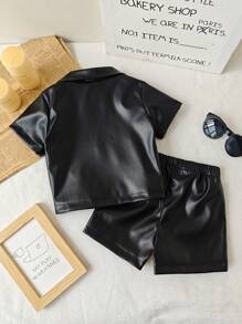 2pcs/Set Baby Boy Leather Jacket & Shorts Set, Combines The Cool Look Of Leather With The Comfort Of Short Sleeve Top And Soft Leather Shorts, Suitable For Warm Seasons Or Themed Parties, Easy To Clean