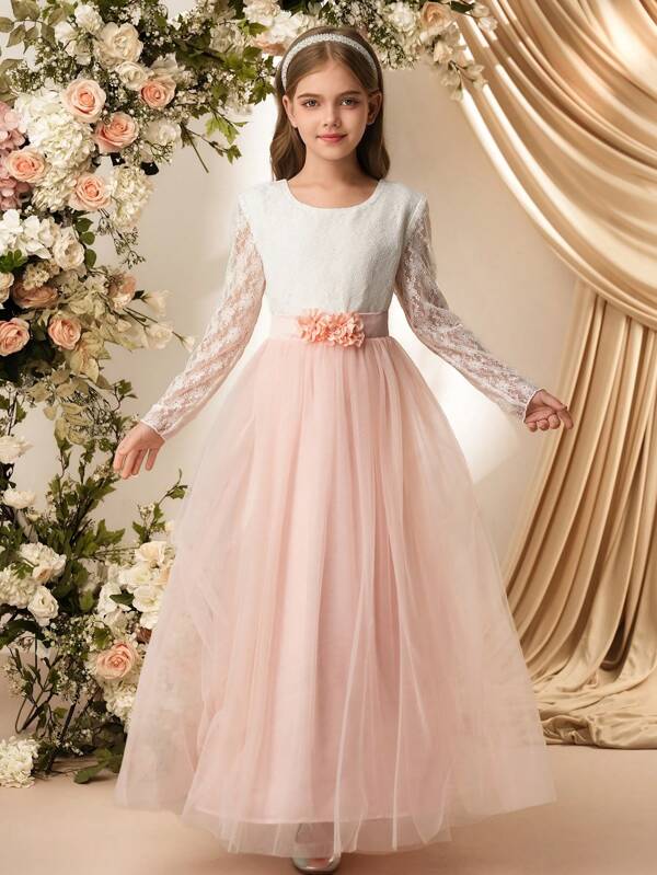 SHEIN Tween Girl Elegant Colorblock Lace Contrast Mesh Floral Decor Princess Dress