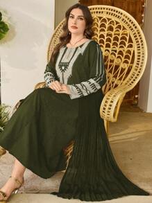 Al Najma 休闲印花雪纺褶皱长袖宽松常规大码女式阿拉伯风格连衣裙，春秋季，端庄