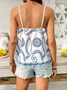 SHEIN VCAY 度假休闲纹理蓝白面料波浪下摆女式背心 - 藍白色 - 查看 2