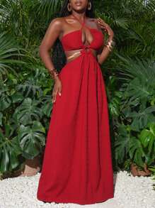 Slaydiva Vestido de mujer para primavera/verano, adecuado para festival de música, Pascua, boda, fiestas de cumpleaños, graduación, uso diario casual, vacaciones, viajes en barco, playa, con escote halter, cintura calada, abertura alta, tejido texturizado y decoración de cadena metálica
