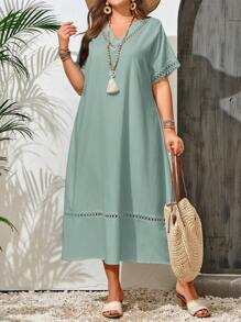 EMERY ROSE Plus Size Women Solid V-Neck Short Sleeve Straight Loose Casual Dress